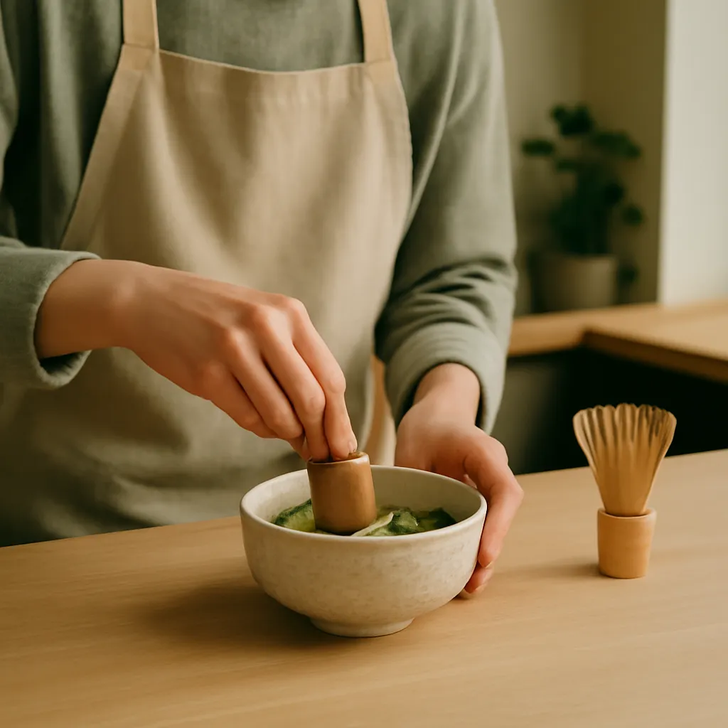 A barista's hands whisking matcha at a softly lit café counter