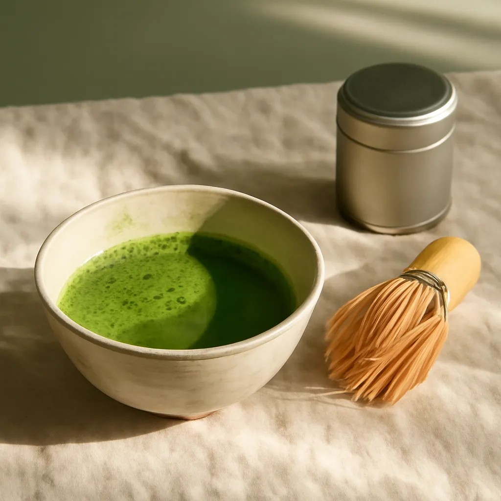Matcha being prepared slowly in a quiet café setting