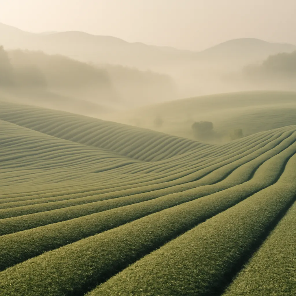 Green tea fields in soft morning light